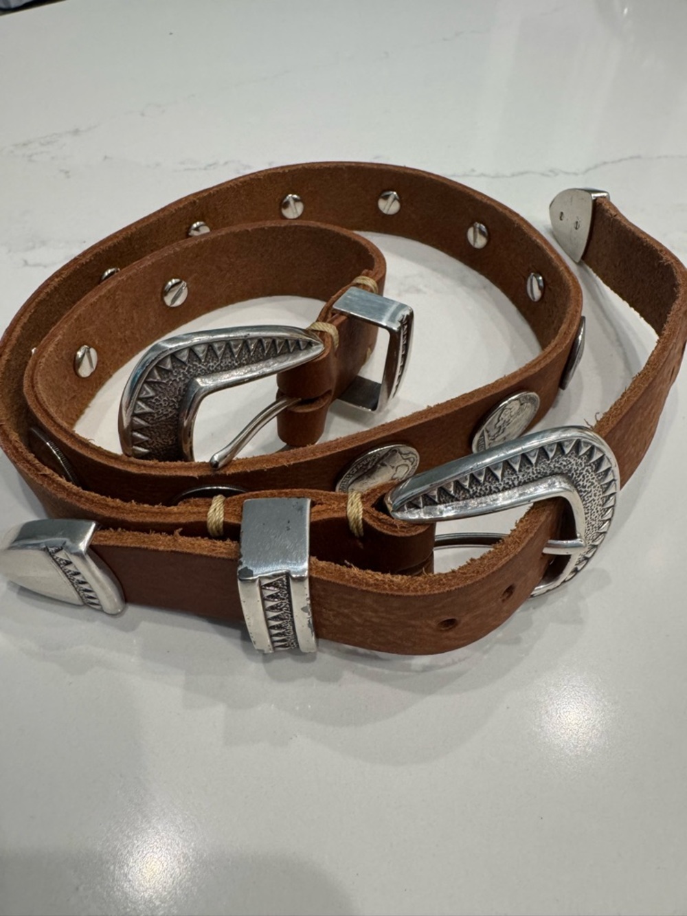 Brown Leather Western-Style Women’s Belt with Silver Buckle Accents
